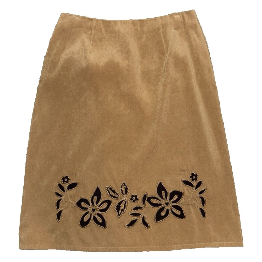 Vtg. Harold's Women's Sz.‎ 8 Brown & Tan Faux Suede Midi Skirt Zip Embroidered